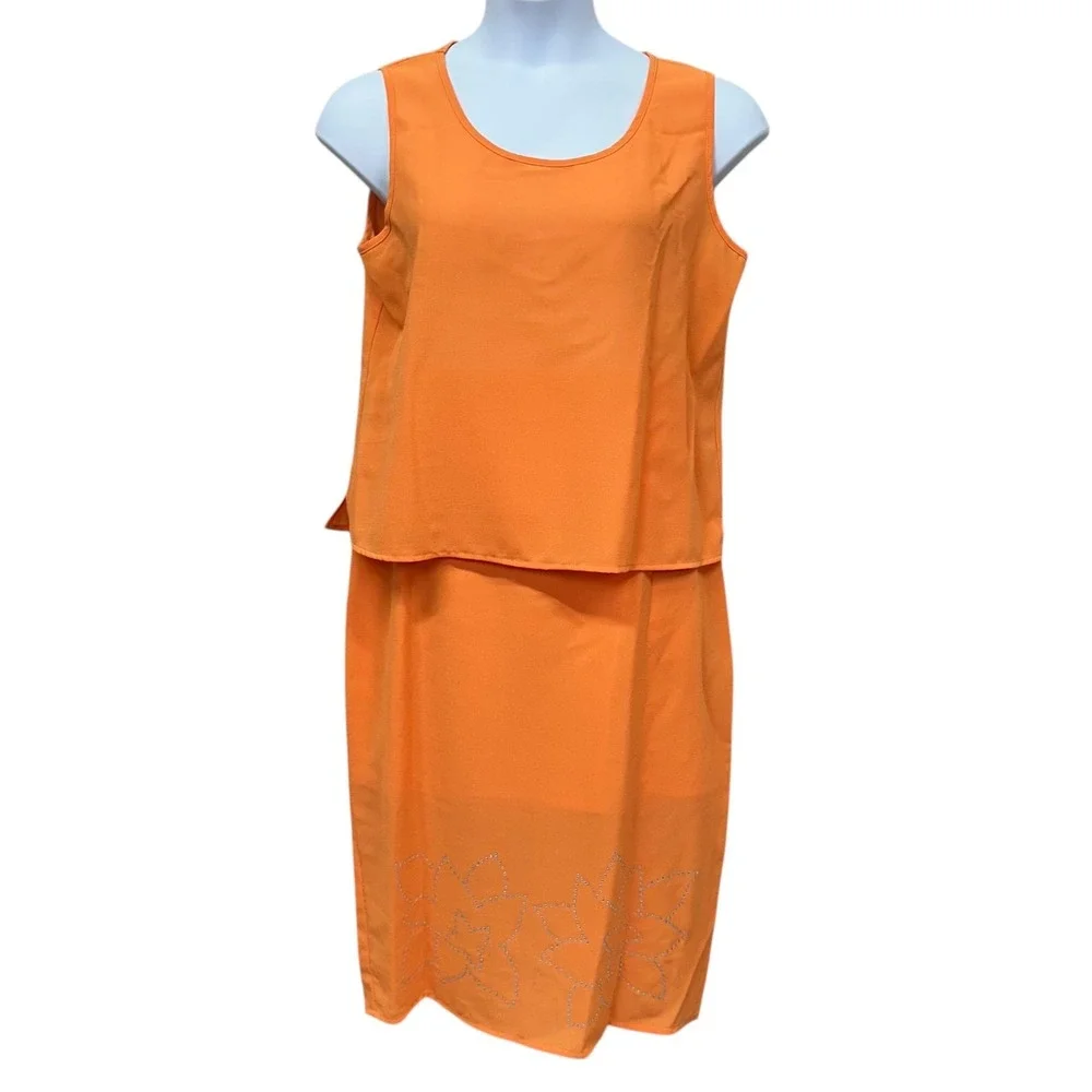 NWT Christie Of California 3 Piece Skirt Suit Set Womens 12 Orange Beaded Floral